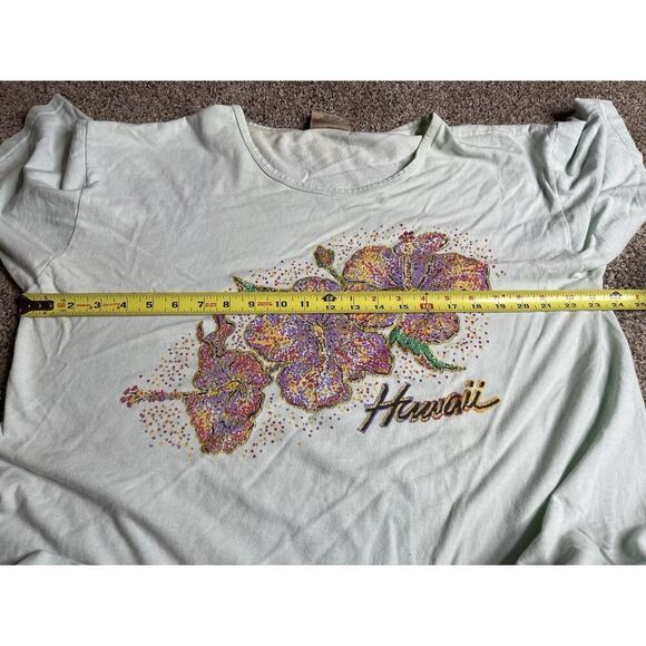 Vintage 90's Hawaii Floral Flowers One Size T Shirt Light Green Vtg Happy Shirts - Picture 8 of 8